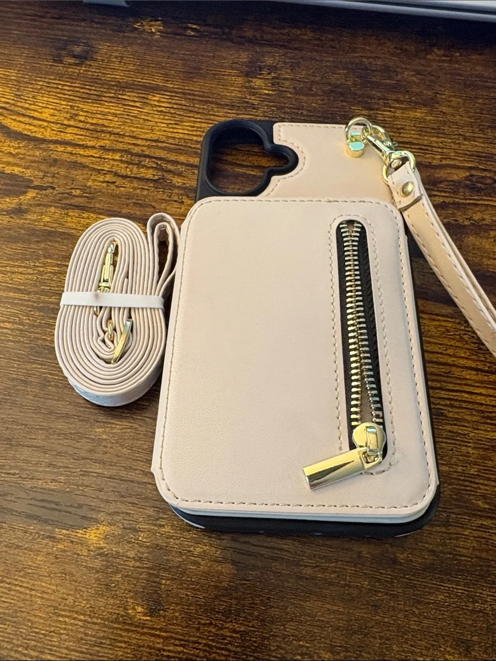 Beige Leather Wristlet Phone Case with Zipper Pocket